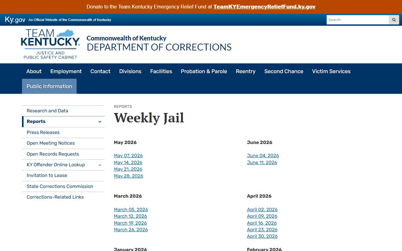 Owsley County inmate population KDOC weekly jail report list
